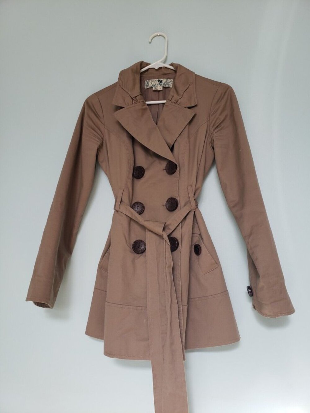 Jolt Women Sz S Trench Coat Button Front Long Sleeve Brown Belt Tan Lightweight